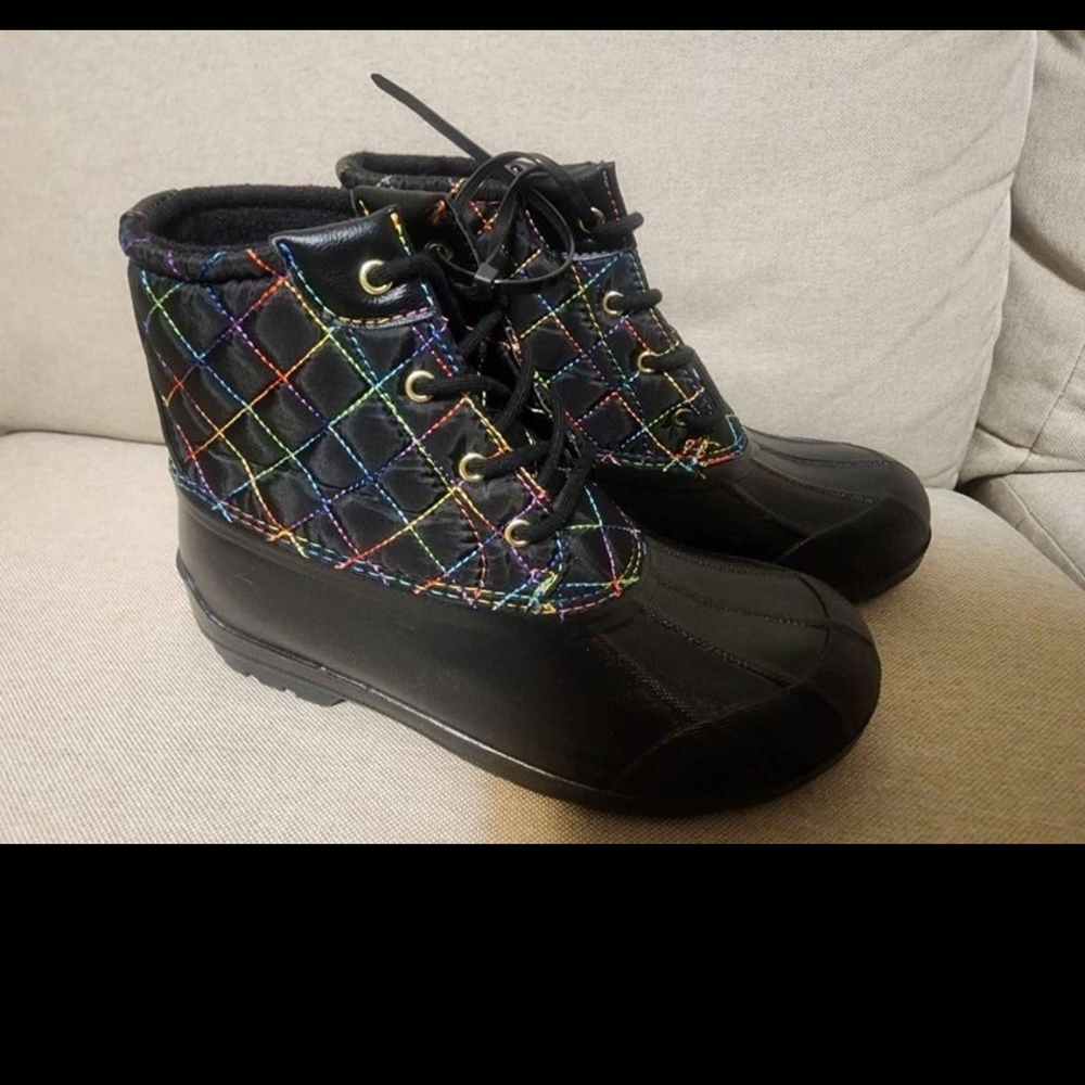 Kids Sperry Quilted Black Boots with Multicolor Stitching